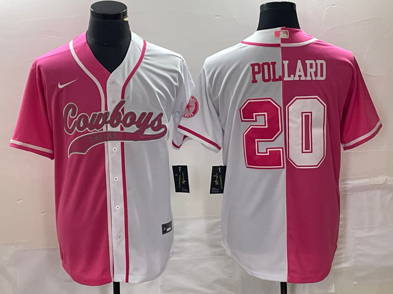 Men's Dallas Cowboys #20 Tony Pollard Pink/White Split Cool Base Stitched Baseball Jersey Men's Dallas Cowboys #20 Tony Pollard Pink/White Split Cool Base Stitched Baseball Jersey